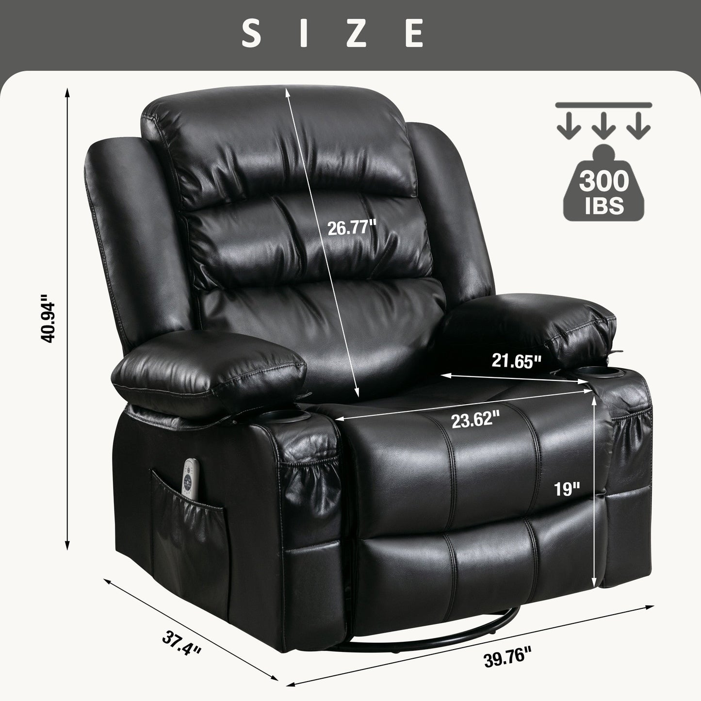 Fauteuil inclinable massant en cuir PU avec rotation à 360°, vibration chauffante à 8 points, chargement USB, porte-gobelets et poches de rangement