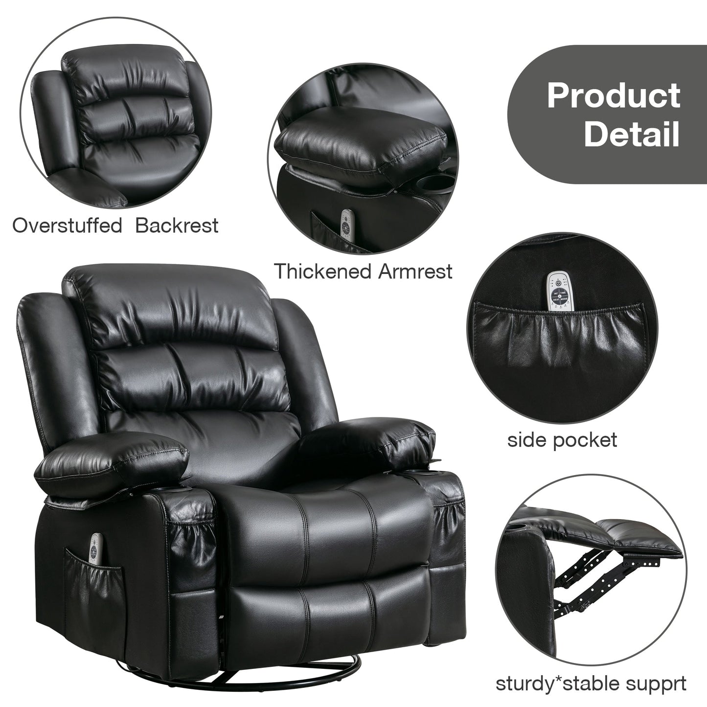 Fauteuil inclinable massant en cuir PU avec rotation à 360°, vibration chauffante à 8 points, chargement USB, porte-gobelets et poches de rangement