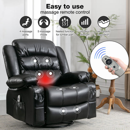 Fauteuil inclinable massant en cuir PU avec rotation à 360°, vibration chauffante à 8 points, chargement USB, porte-gobelets et poches de rangement