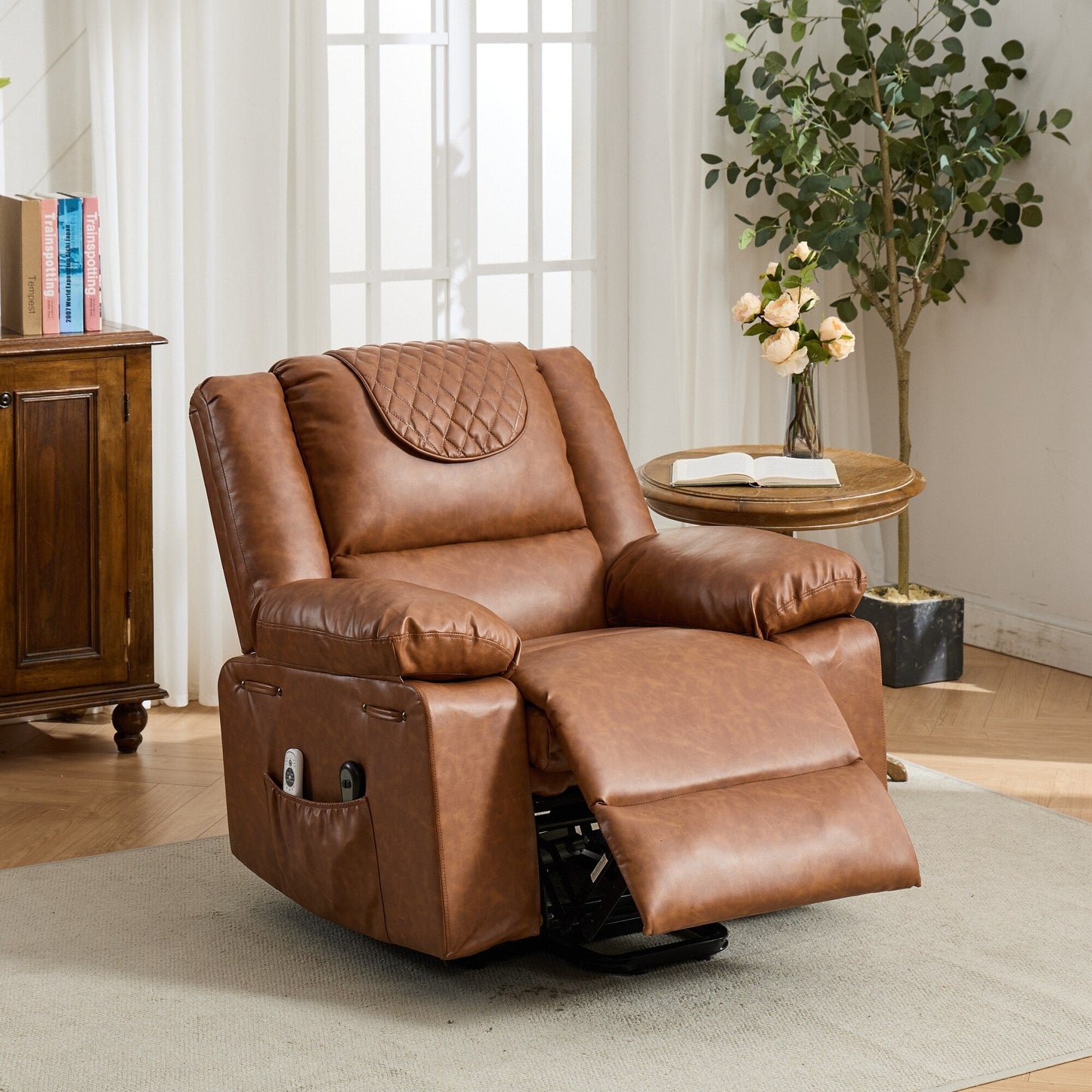 Fauteuil inclinable électrique en cuir synthétique - Fauteuil de massage chauffant électrique, télécommande, siège large - Fauteuil inclinable d'assistance confortable pour personnes âgées