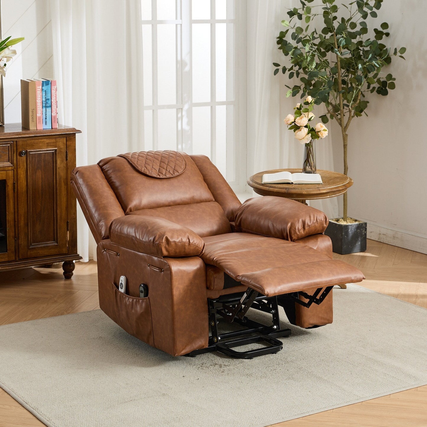 Fauteuil inclinable électrique en cuir synthétique - Fauteuil de massage chauffant électrique, télécommande, siège large - Fauteuil inclinable d'assistance confortable pour personnes âgées