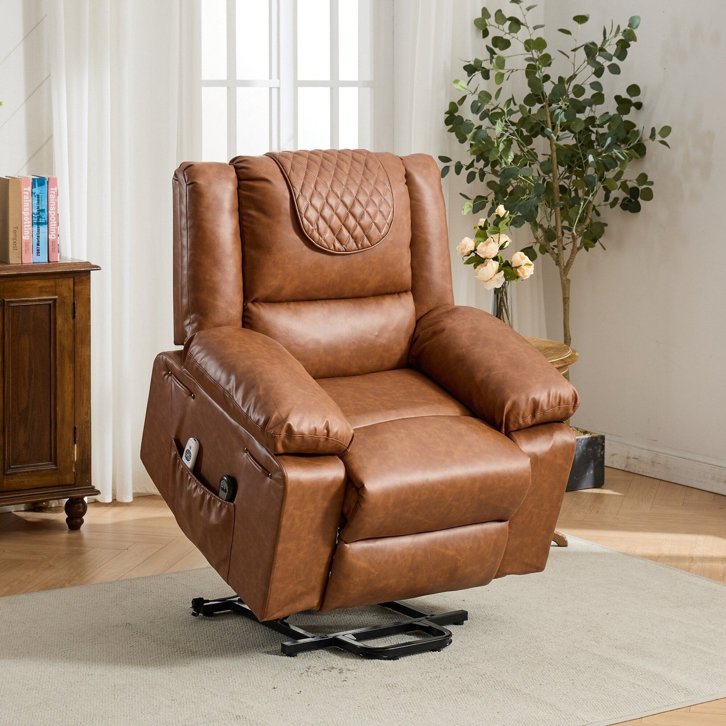Fauteuil inclinable électrique en cuir synthétique - Fauteuil de massage chauffant électrique, télécommande, siège large - Fauteuil inclinable d'assistance confortable pour personnes âgées