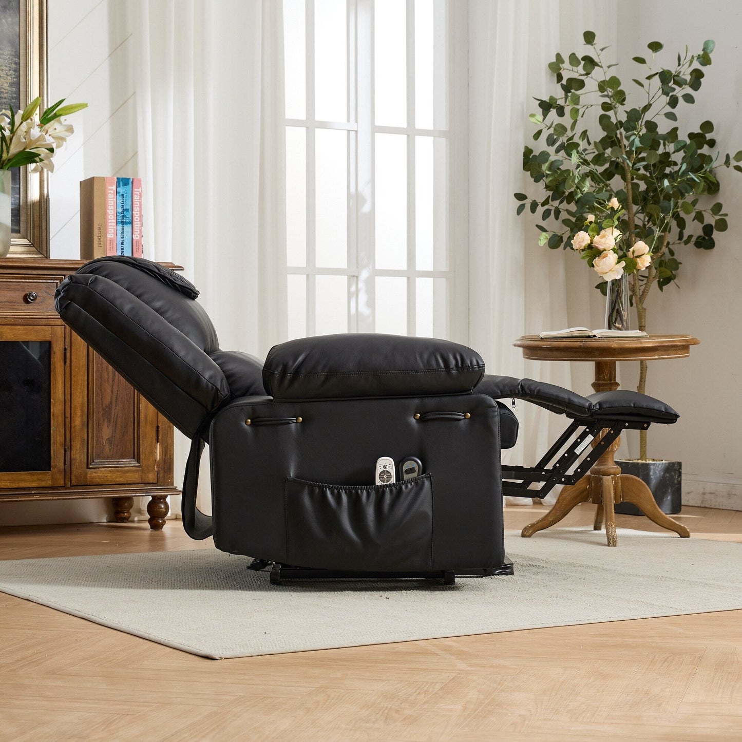 Fauteuil inclinable électrique en cuir synthétique - Fauteuil de massage chauffant électrique, télécommande, siège large - Fauteuil inclinable d'assistance confortable pour personnes âgées