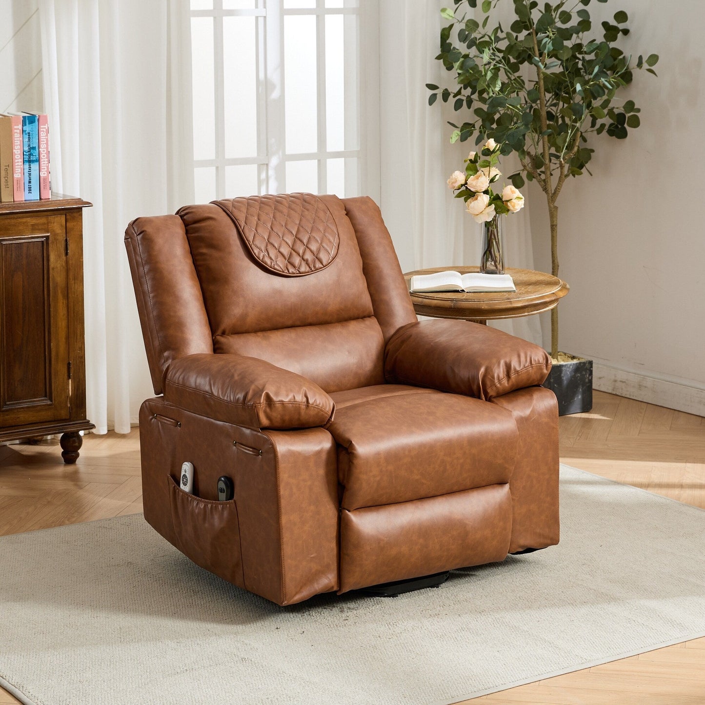 Fauteuil inclinable électrique en cuir synthétique - Fauteuil de massage chauffant électrique, télécommande, siège large - Fauteuil inclinable d'assistance confortable pour personnes âgées
