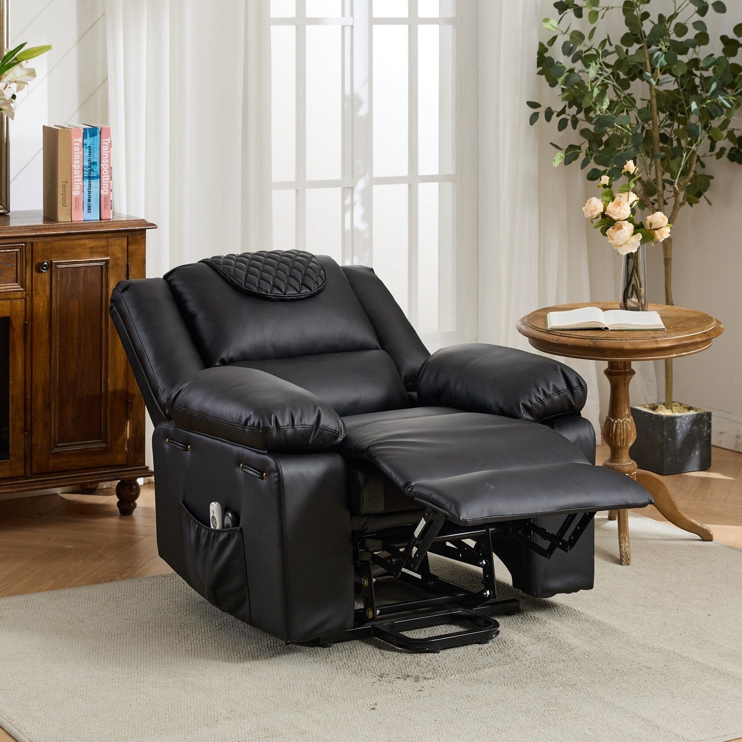 Fauteuil inclinable électrique en cuir synthétique - Fauteuil de massage chauffant électrique, télécommande, siège large - Fauteuil inclinable d'assistance confortable pour personnes âgées