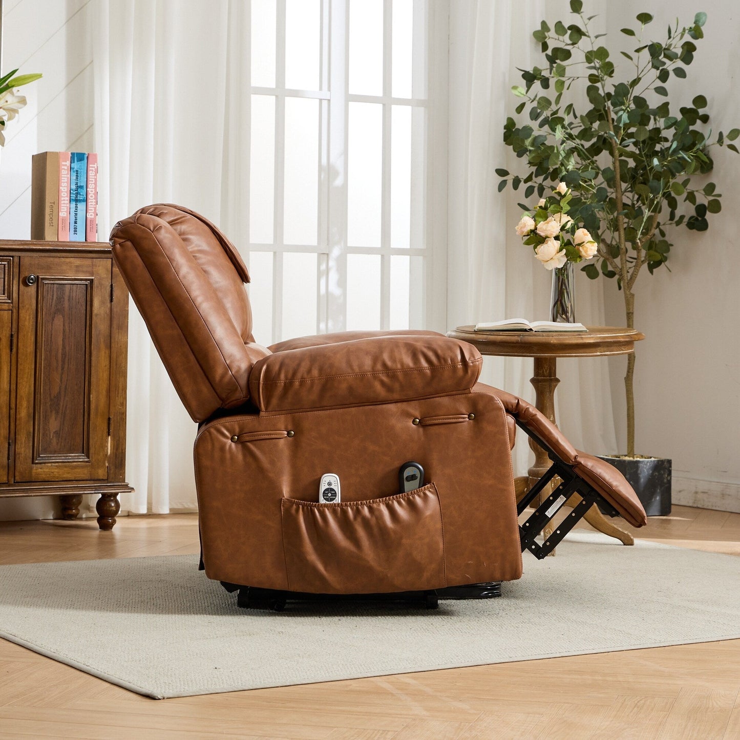 Fauteuil inclinable électrique en cuir synthétique - Fauteuil de massage chauffant électrique, télécommande, siège large - Fauteuil inclinable d'assistance confortable pour personnes âgées