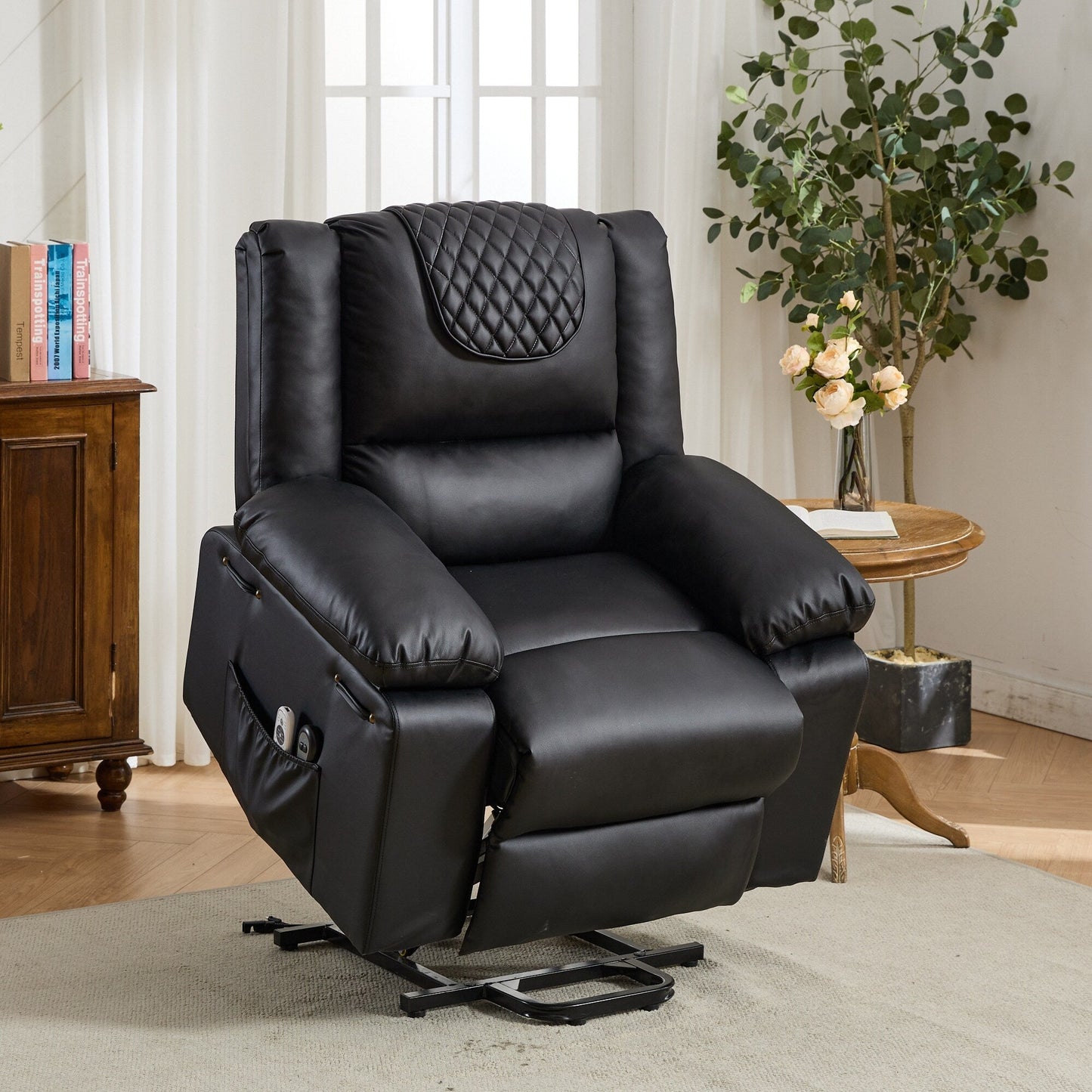 Fauteuil inclinable électrique en cuir synthétique - Fauteuil de massage chauffant électrique, télécommande, siège large - Fauteuil inclinable d'assistance confortable pour personnes âgées