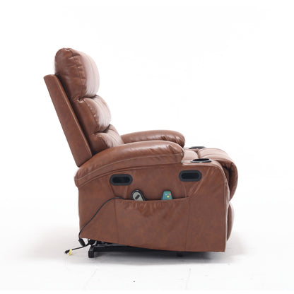 Fauteuil inclinable électrique en cuir PU avec massage, chauffage et porte-gobelets