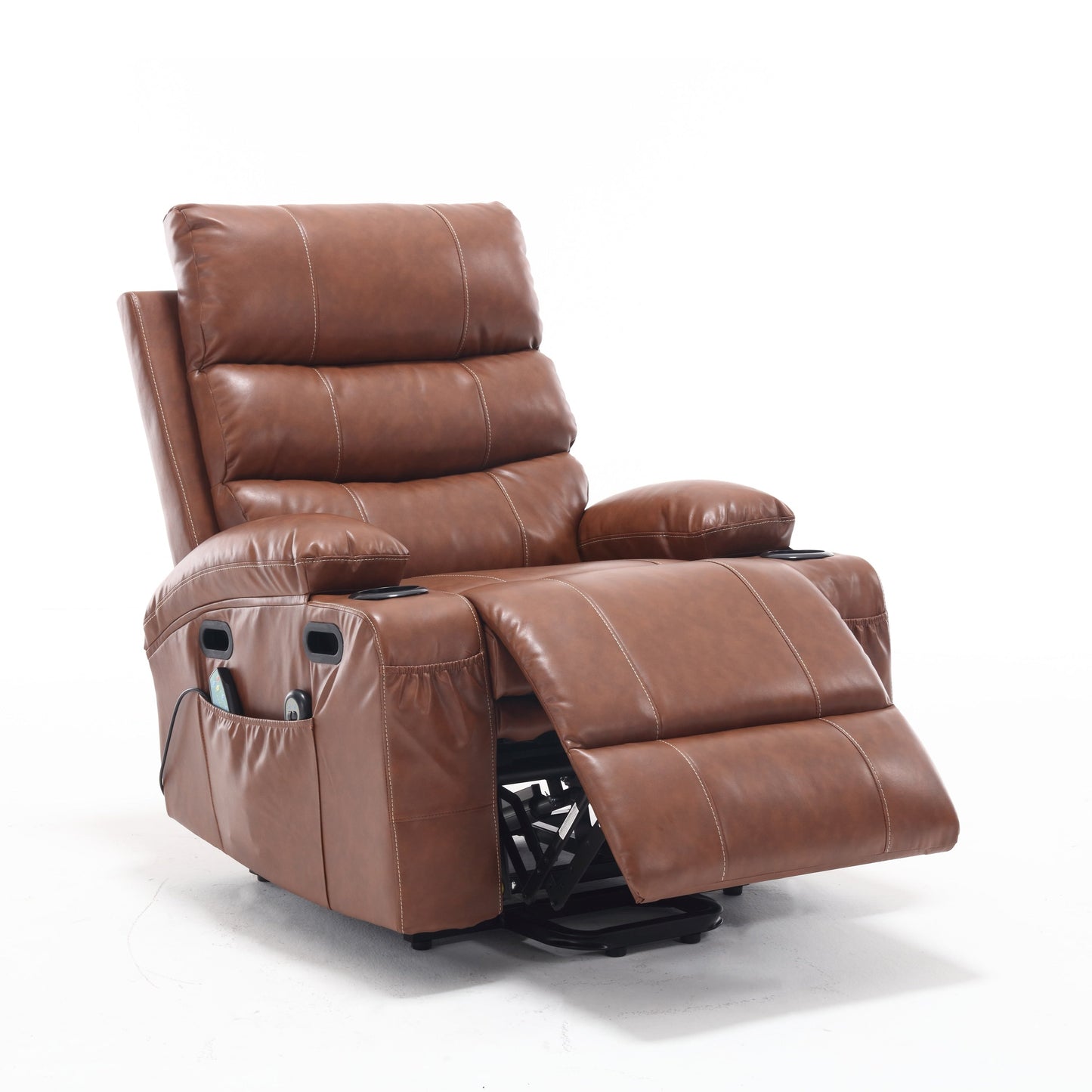Fauteuil inclinable électrique en cuir PU avec massage, chauffage et porte-gobelets