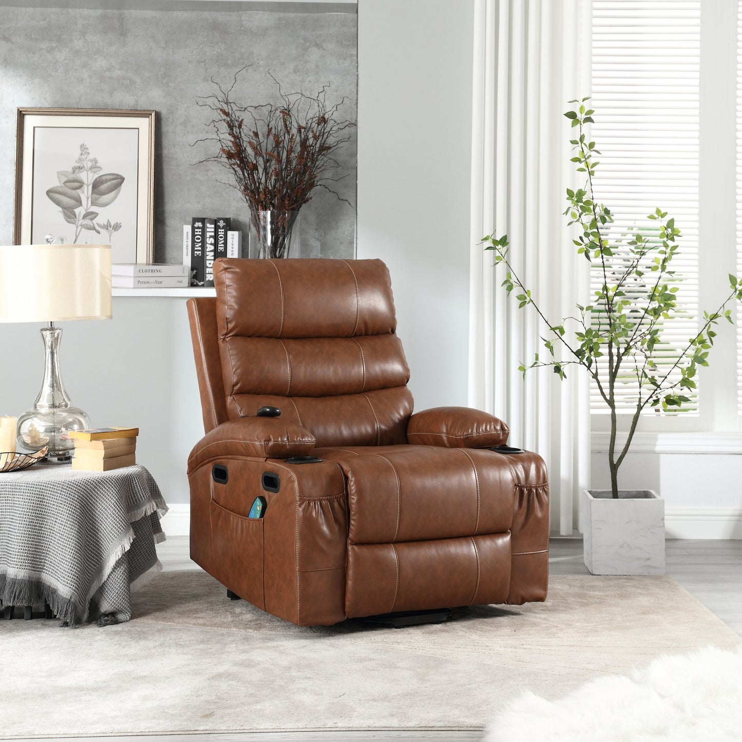 Fauteuil inclinable électrique en cuir PU avec massage, chauffage et porte-gobelets