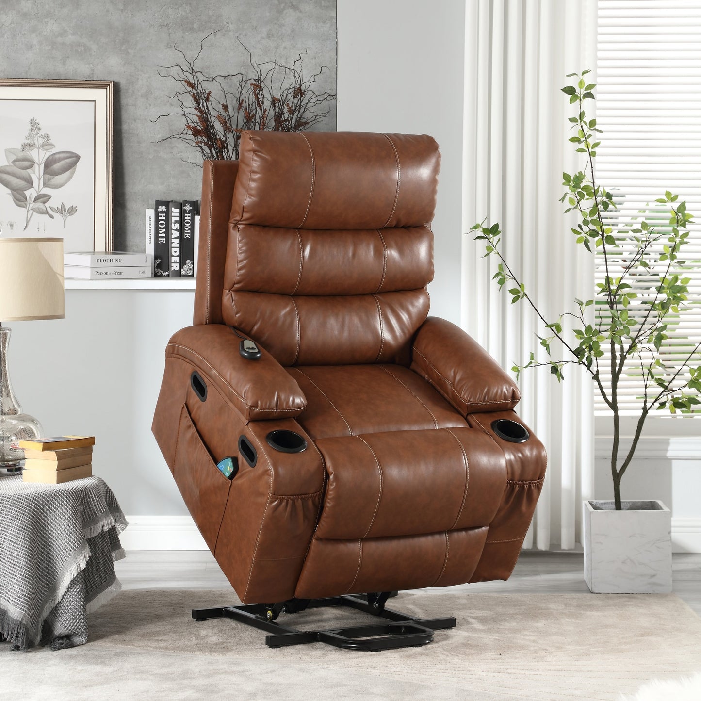 Fauteuil inclinable électrique en cuir PU avec massage, chauffage et porte-gobelets