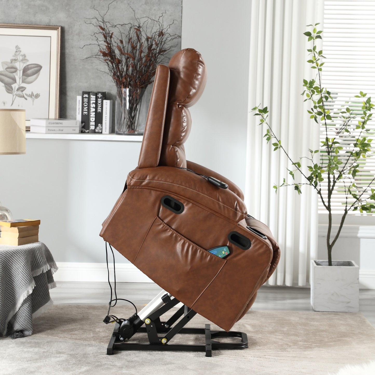 Fauteuil inclinable électrique en cuir PU avec massage, chauffage et porte-gobelets