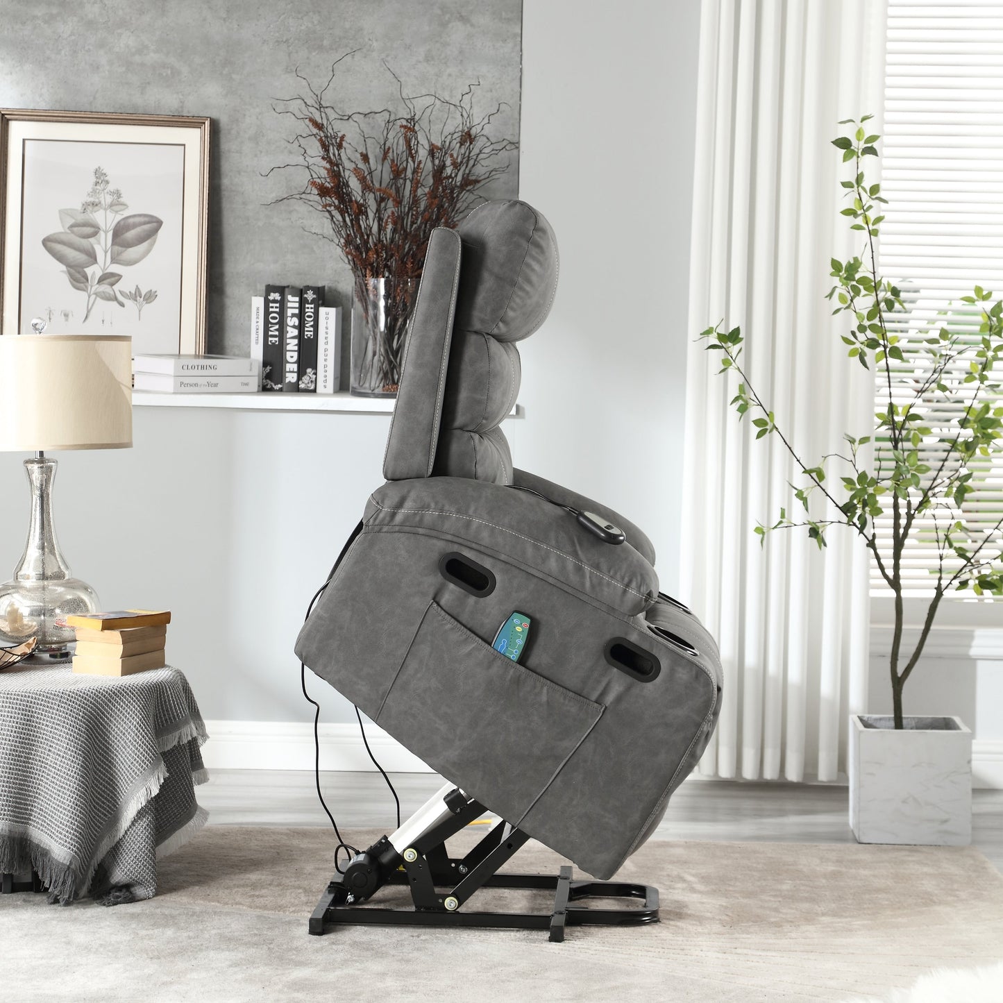 Fauteuil inclinable électrique en cuir PU avec massage, chauffage et porte-gobelets