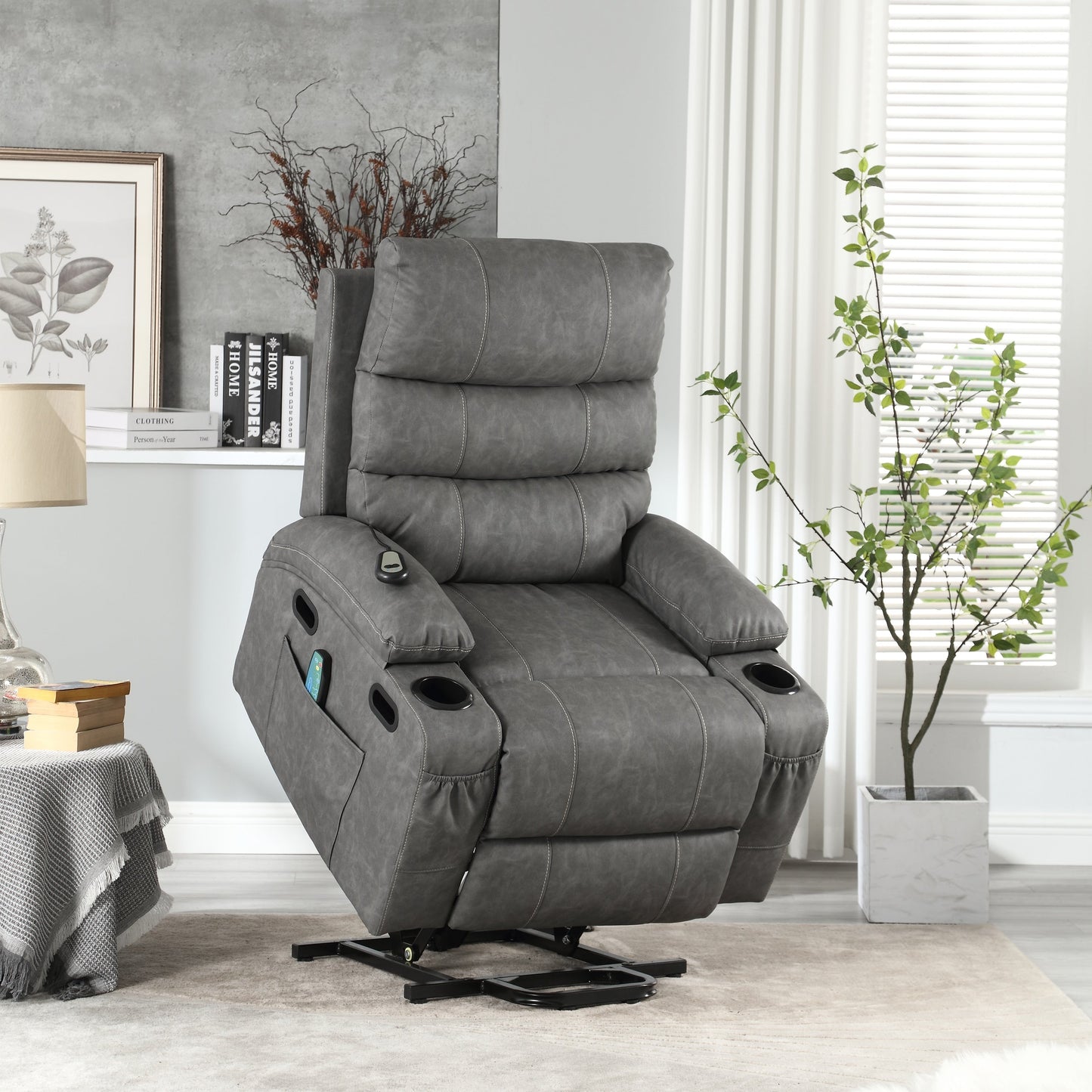 Fauteuil inclinable électrique en cuir PU avec massage, chauffage et porte-gobelets