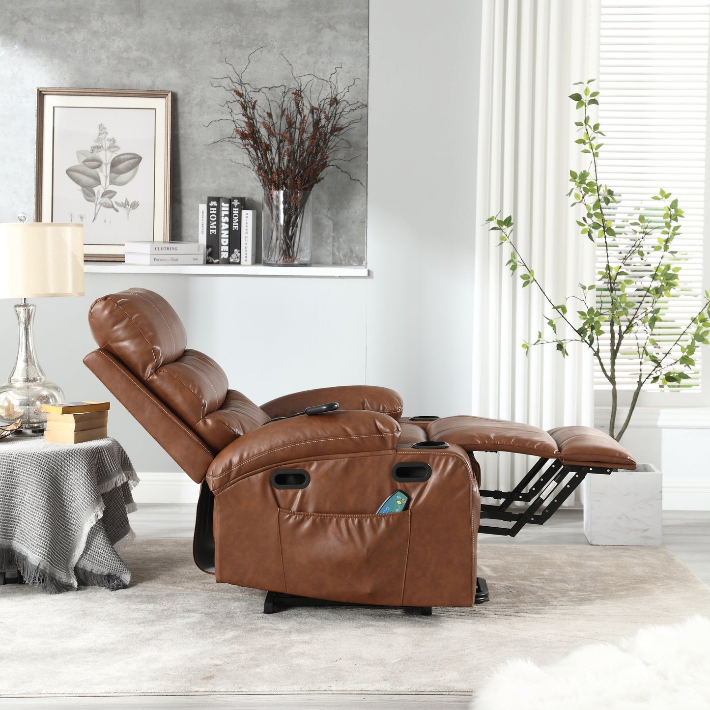 Fauteuil inclinable électrique en cuir PU avec massage, chauffage et porte-gobelets