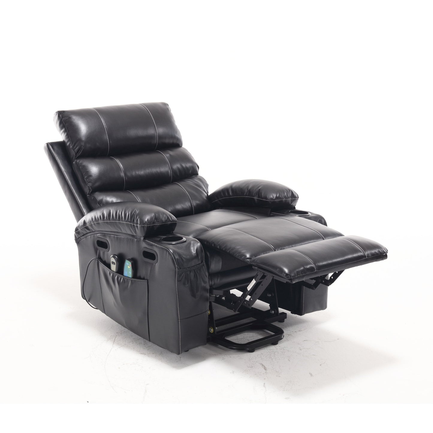 Fauteuil inclinable électrique en cuir PU avec massage, chauffage et porte-gobelets