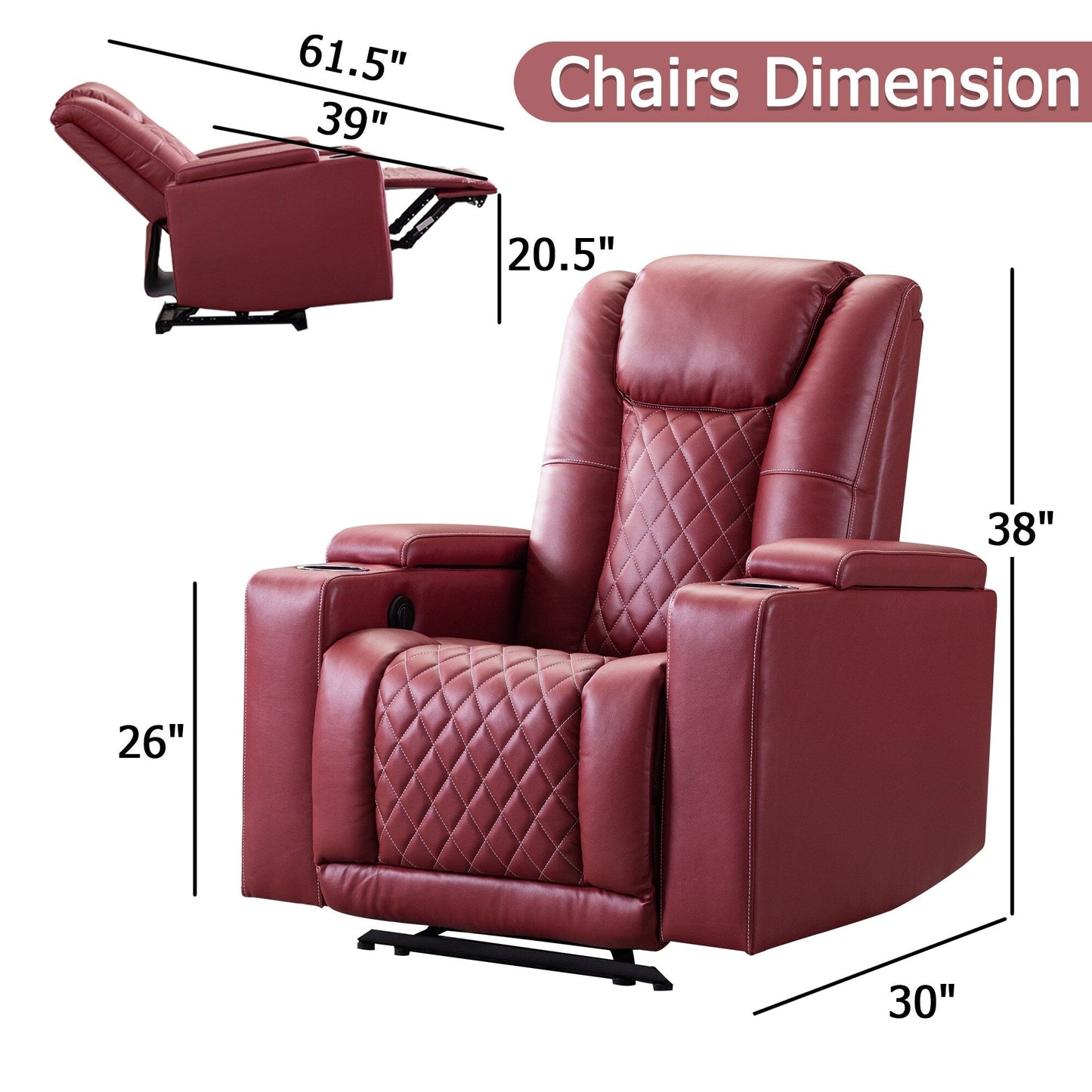 Fauteuil inclinable électrique en cuir synthétique pour home cinéma avec porte-gobelet et port USB