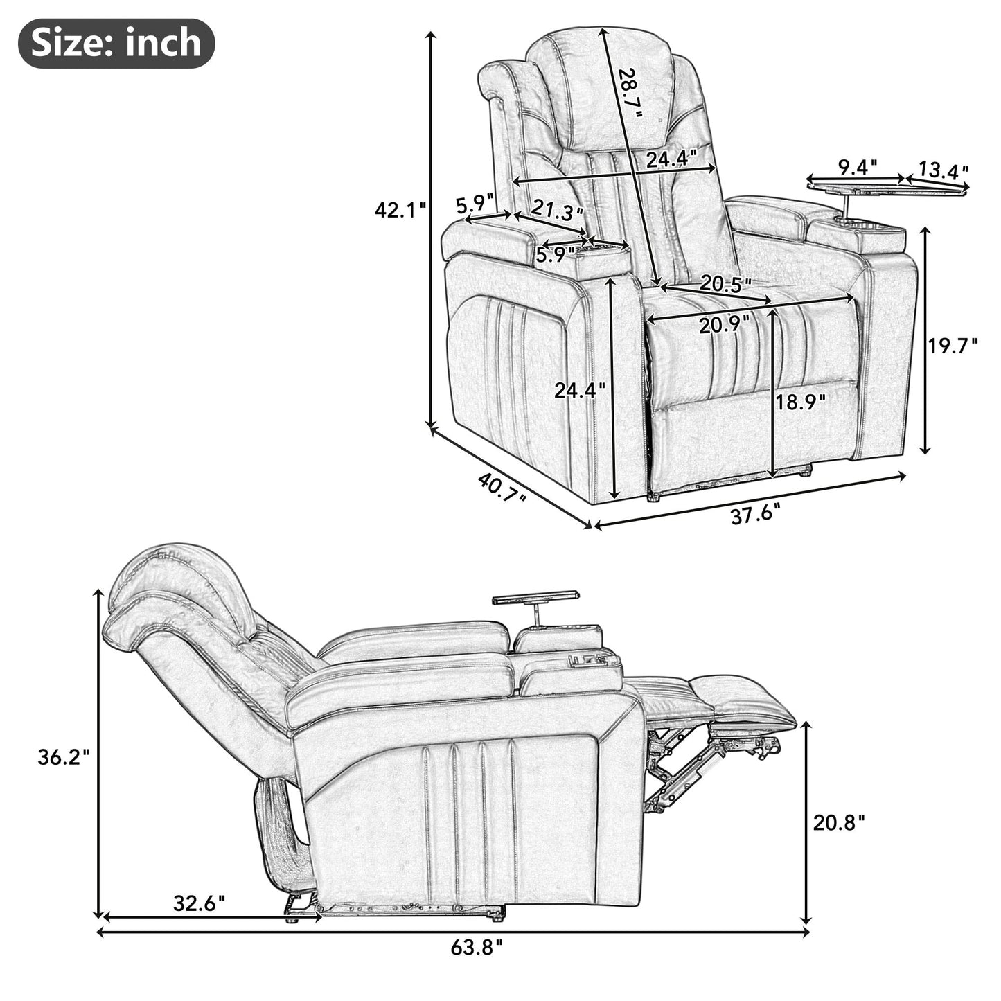 Fauteuil inclinable électrique en cuir synthétique pour home cinéma avec appui-tête réglable électriquement, chargeur sans fil, port USB et accoudoirs de rangement.