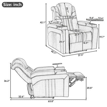 Fauteuil inclinable électrique en cuir synthétique pour home cinéma avec appui-tête réglable électriquement, chargeur sans fil, port USB et accoudoirs de rangement.