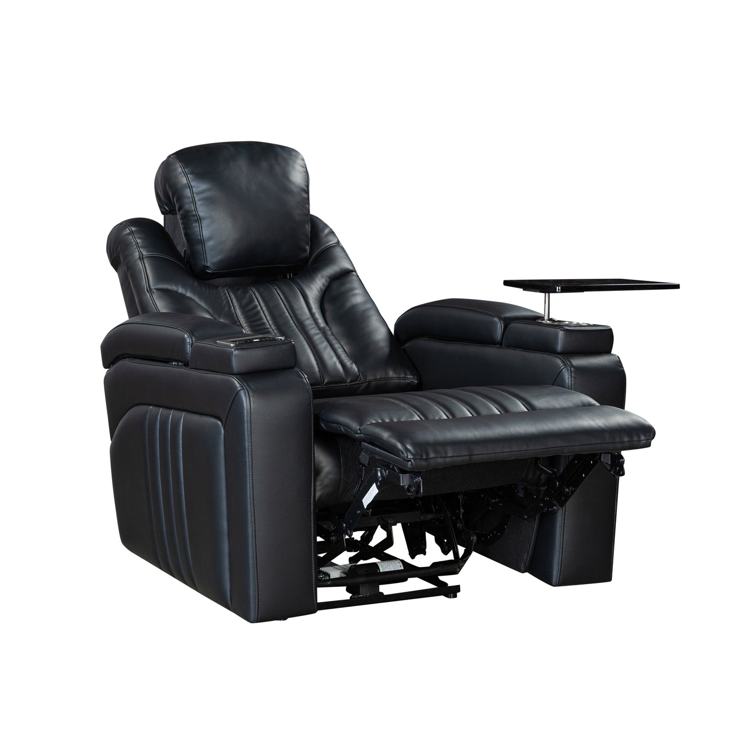 Fauteuil inclinable électrique en cuir synthétique pour home cinéma avec appui-tête réglable électriquement, chargeur sans fil, port USB et accoudoirs de rangement.