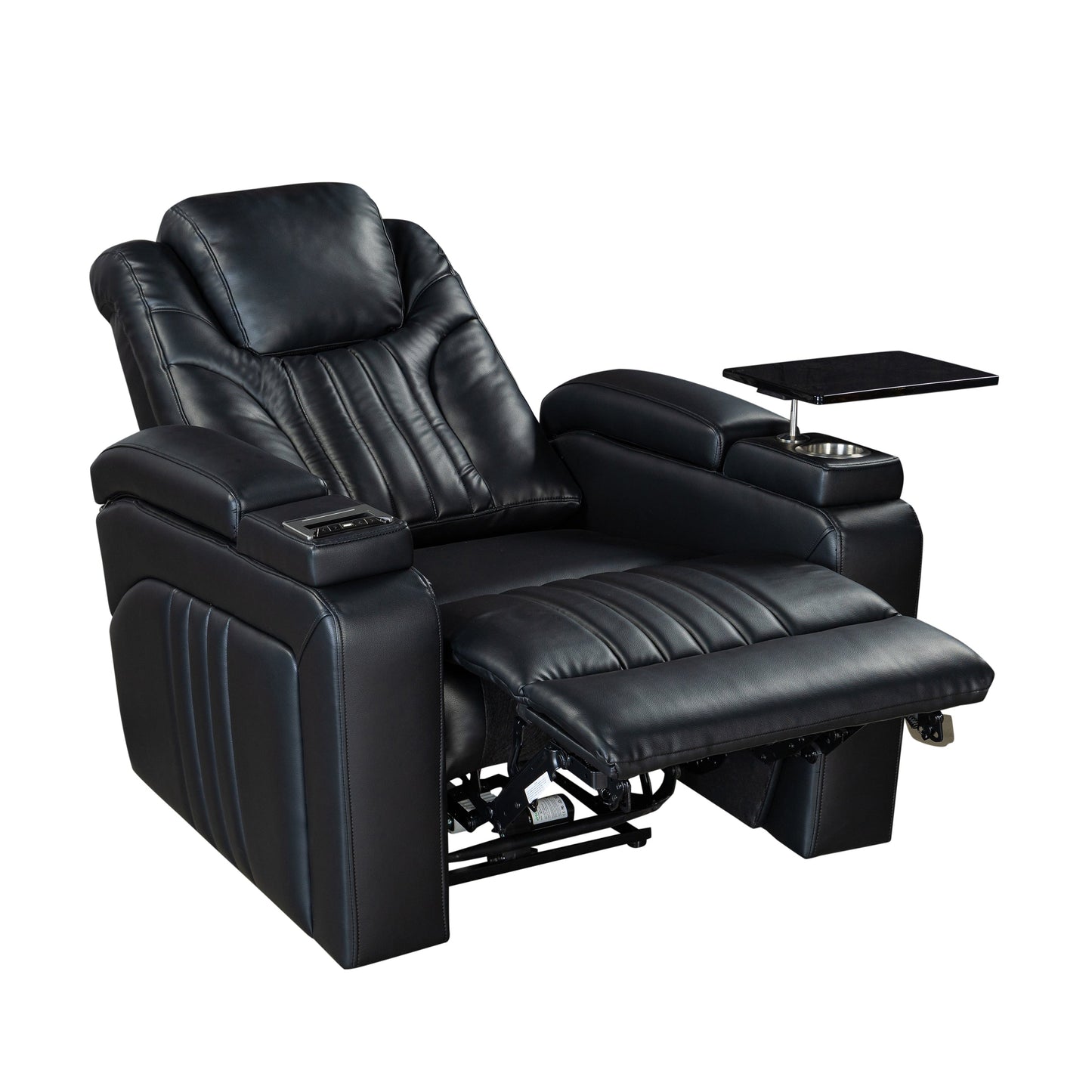 Fauteuil inclinable électrique en cuir synthétique pour home cinéma avec appui-tête réglable électriquement, chargeur sans fil, port USB et accoudoirs de rangement.