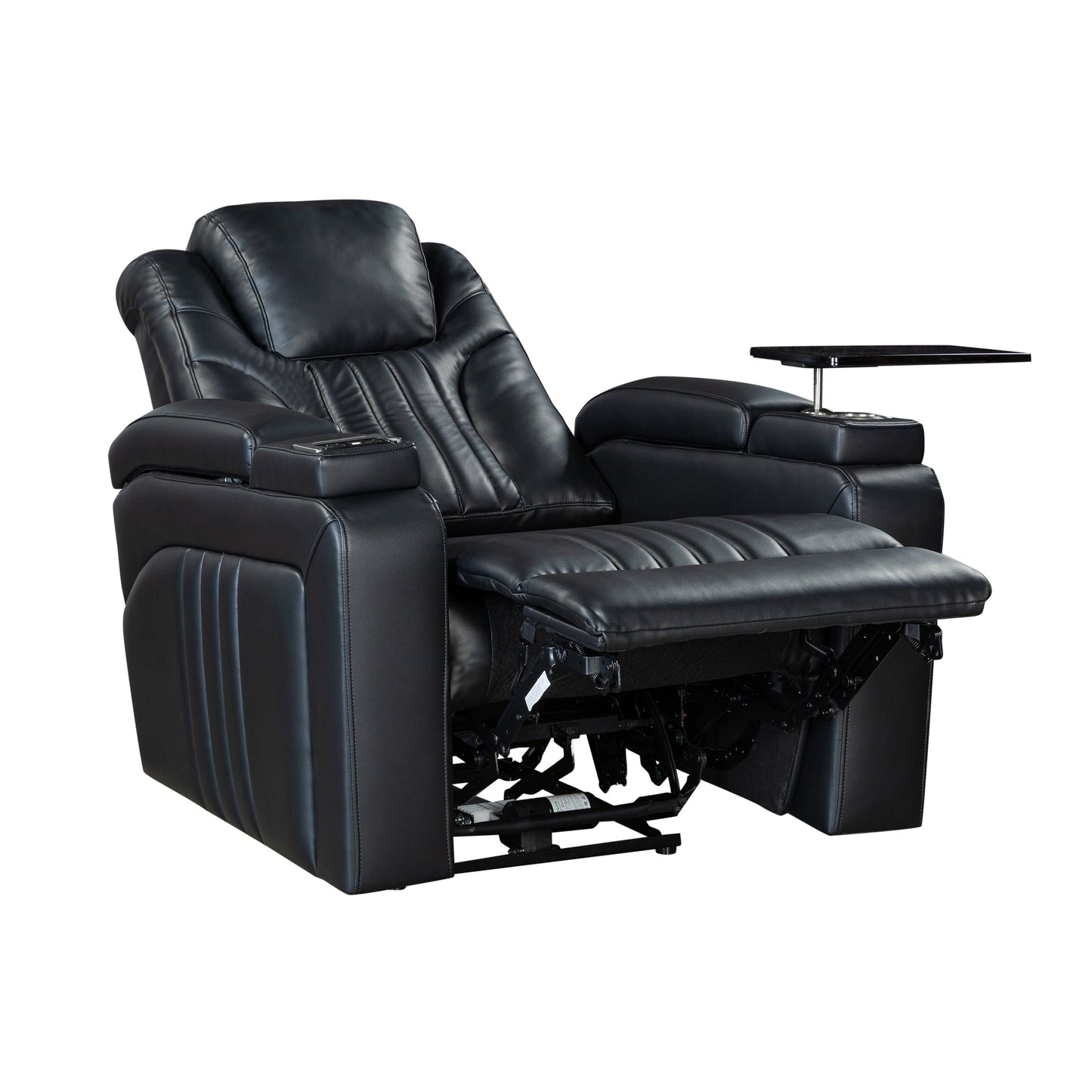 Fauteuil inclinable électrique en cuir synthétique pour home cinéma avec appui-tête réglable électriquement, chargeur sans fil, port USB et accoudoirs de rangement.