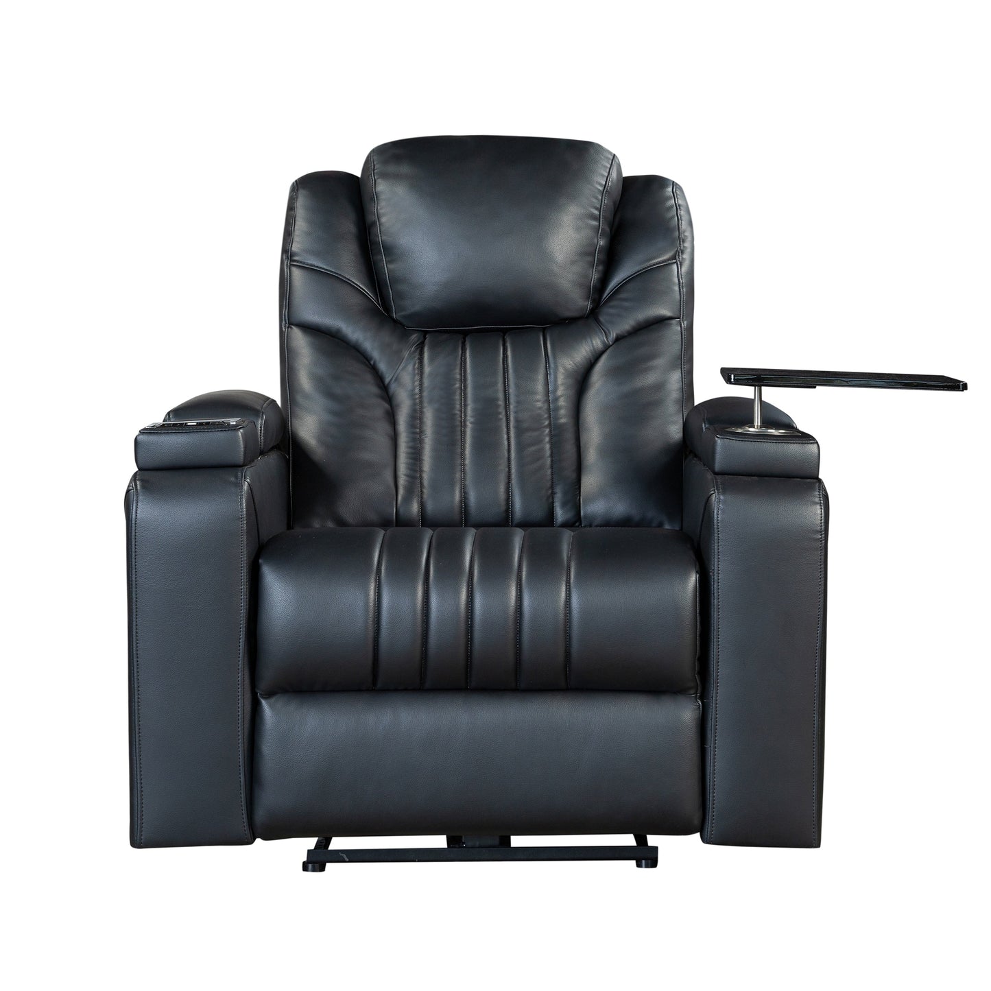 Fauteuil inclinable électrique en cuir synthétique pour home cinéma avec appui-tête réglable électriquement, chargeur sans fil, port USB et accoudoirs de rangement.