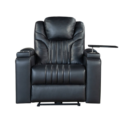 Fauteuil inclinable électrique en cuir synthétique pour home cinéma avec appui-tête réglable électriquement, chargeur sans fil, port USB et accoudoirs de rangement.