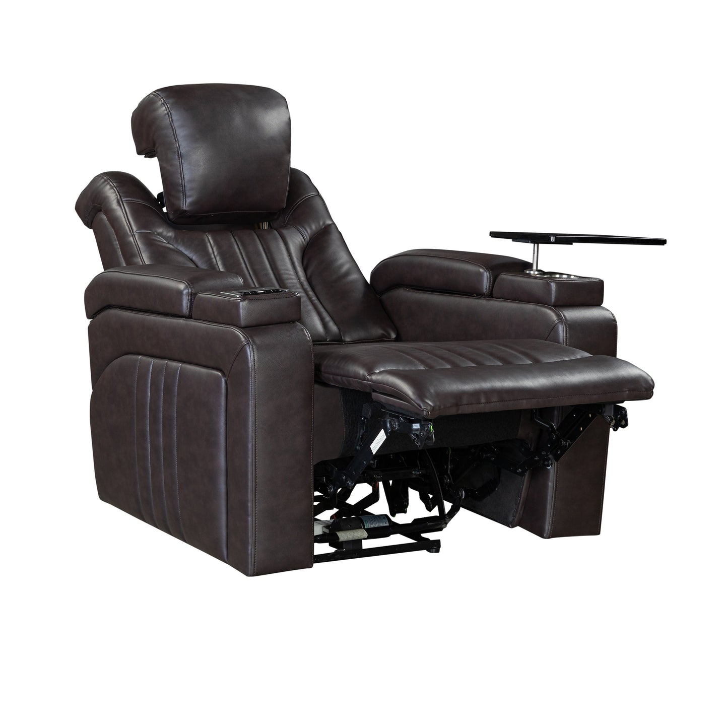 Fauteuil inclinable électrique en cuir synthétique pour home cinéma avec appui-tête réglable électriquement, chargeur sans fil, port USB et accoudoirs de rangement.