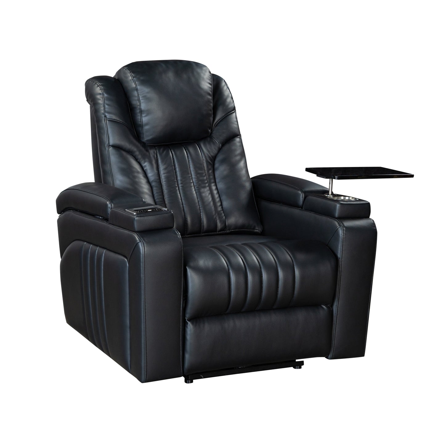 Fauteuil inclinable électrique en cuir synthétique pour home cinéma avec appui-tête réglable électriquement, chargeur sans fil, port USB et accoudoirs de rangement.