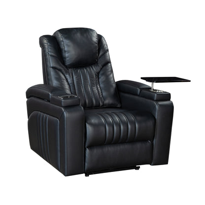 Fauteuil inclinable électrique en cuir synthétique pour home cinéma avec appui-tête réglable électriquement, chargeur sans fil, port USB et accoudoirs de rangement.