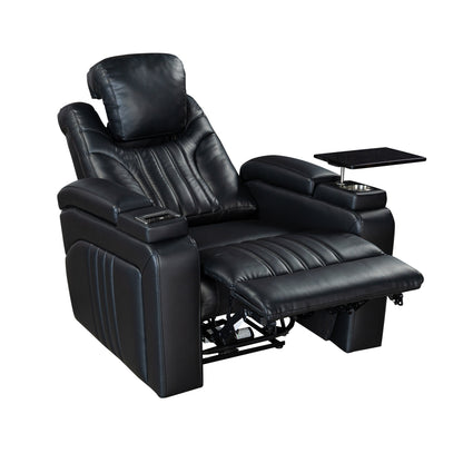 Fauteuil inclinable électrique en cuir synthétique pour home cinéma avec appui-tête réglable électriquement, chargeur sans fil, port USB et accoudoirs de rangement.