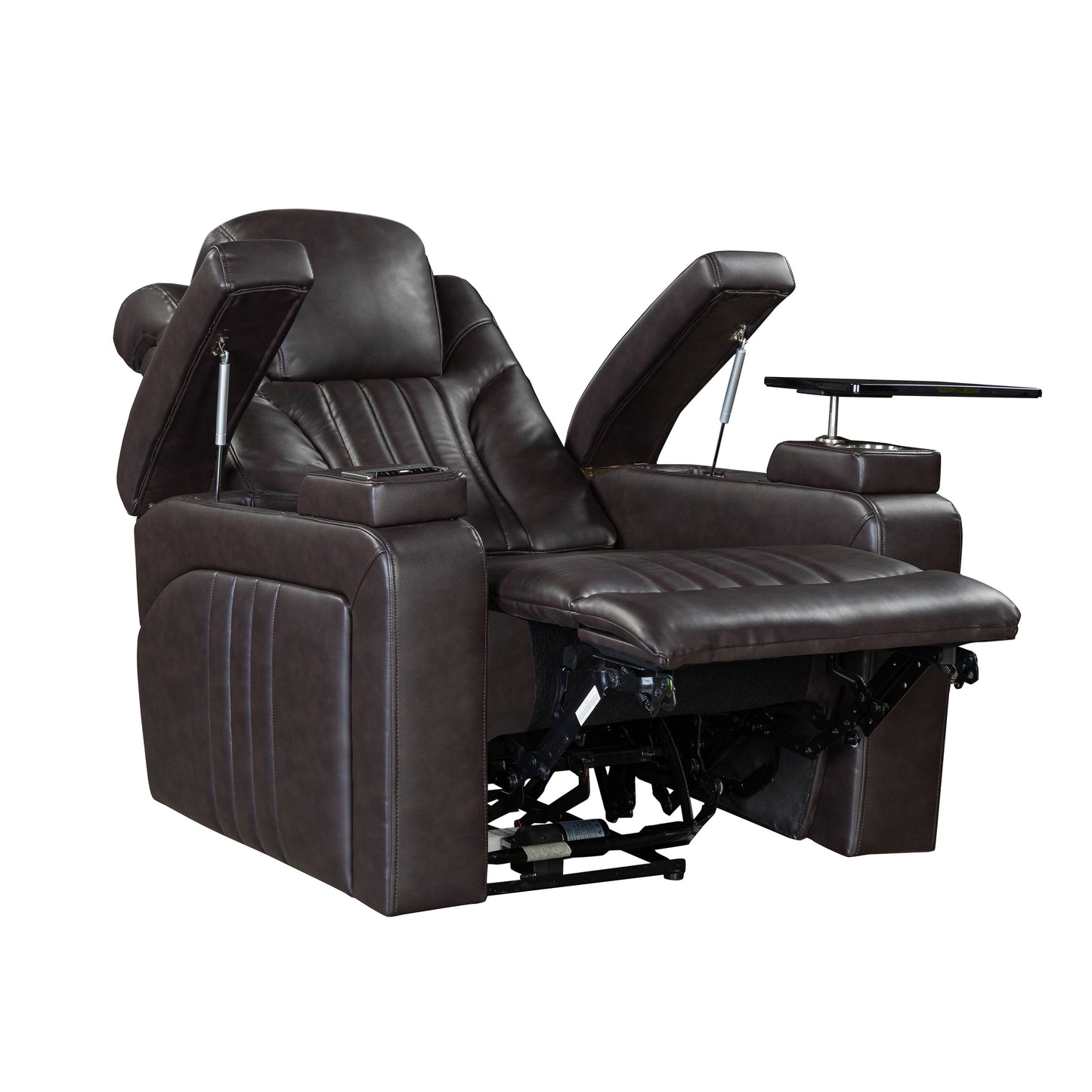Fauteuil inclinable électrique en cuir synthétique pour home cinéma avec appui-tête réglable électriquement, chargeur sans fil, port USB et accoudoirs de rangement.
