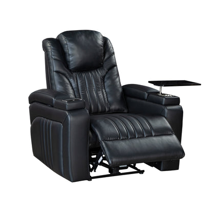 Fauteuil inclinable électrique en cuir synthétique pour home cinéma avec appui-tête réglable électriquement, chargeur sans fil, port USB et accoudoirs de rangement.
