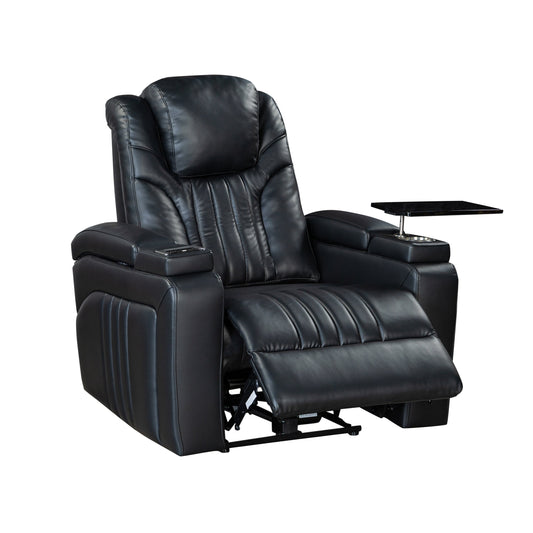 Fauteuil inclinable électrique en cuir synthétique pour home cinéma avec appui-tête réglable électriquement, chargeur sans fil, port USB et accoudoirs de rangement.
