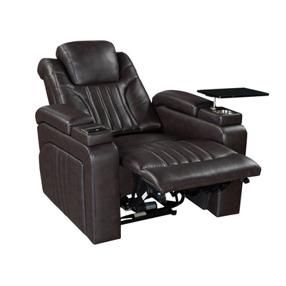 Fauteuil inclinable électrique en cuir synthétique pour home cinéma avec appui-tête réglable électriquement, chargeur sans fil, port USB et accoudoirs de rangement.