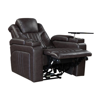 Fauteuil inclinable électrique en cuir synthétique pour home cinéma avec appui-tête réglable électriquement, chargeur sans fil, port USB et accoudoirs de rangement.