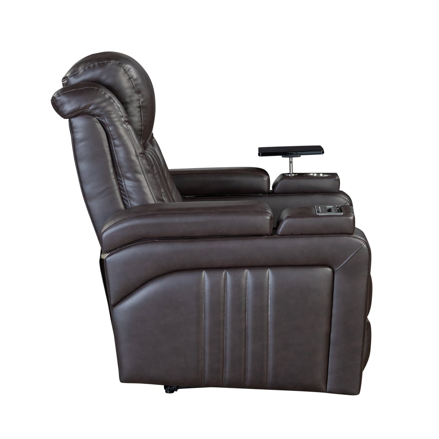 Fauteuil inclinable électrique en cuir synthétique pour home cinéma avec appui-tête réglable électriquement, chargeur sans fil, port USB et accoudoirs de rangement.