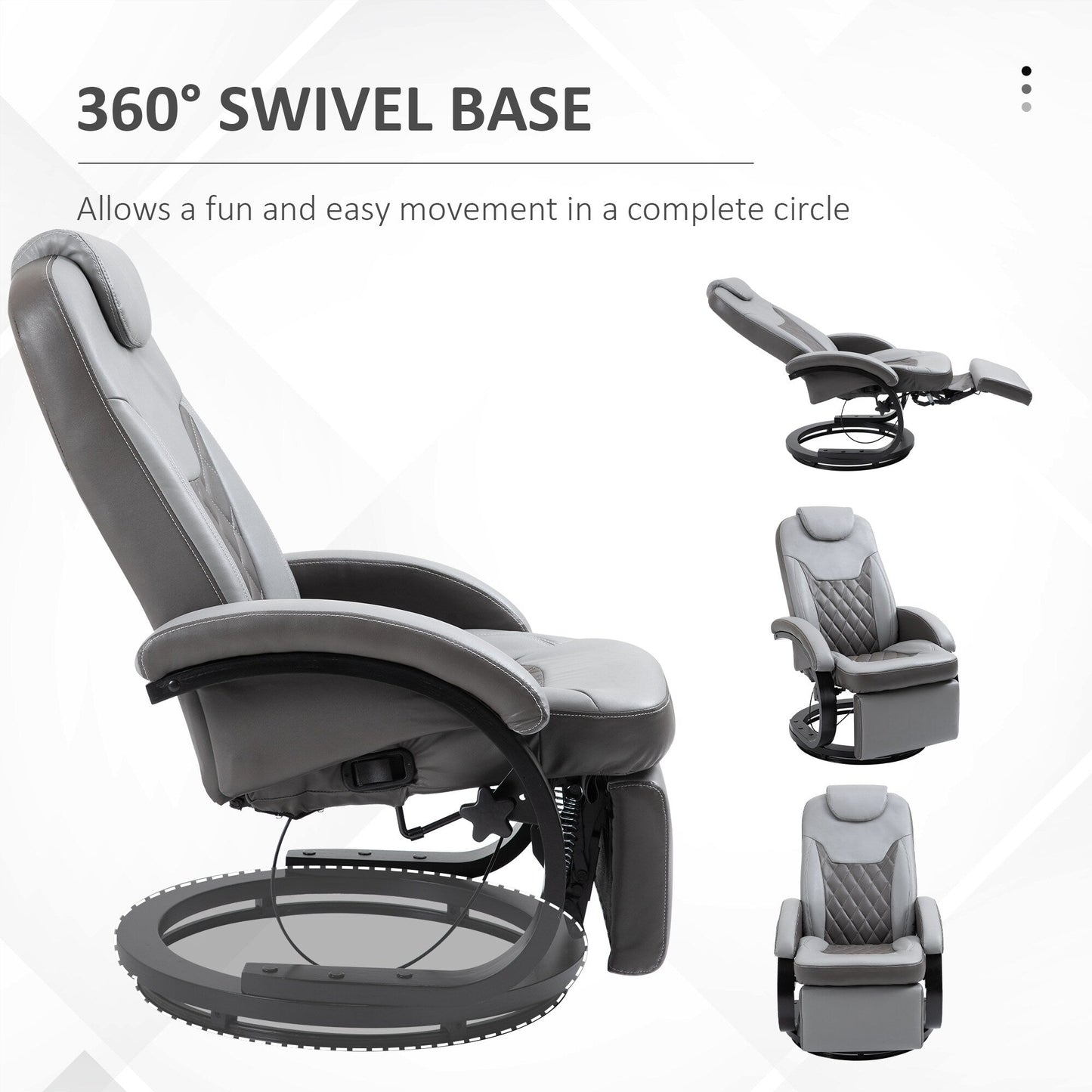 Fauteuil inclinable pivotant à 360° en cuir synthétique, rembourré, avec repose-pieds et base en bois, idéal pour le salon ou le camping-car.