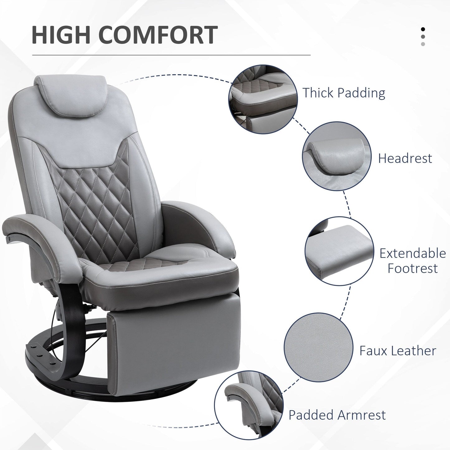 Fauteuil inclinable pivotant à 360° en cuir synthétique, rembourré, avec repose-pieds et base en bois, idéal pour le salon ou le camping-car.