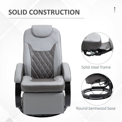 Fauteuil inclinable pivotant à 360° en cuir synthétique, rembourré, avec repose-pieds et base en bois, idéal pour le salon ou le camping-car.