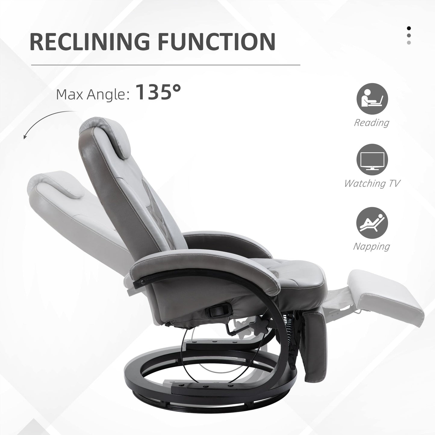 Fauteuil inclinable en similicuir avec coutures en losange, inclinaison à 135°, pivot à 360° et base robuste en acier et bois