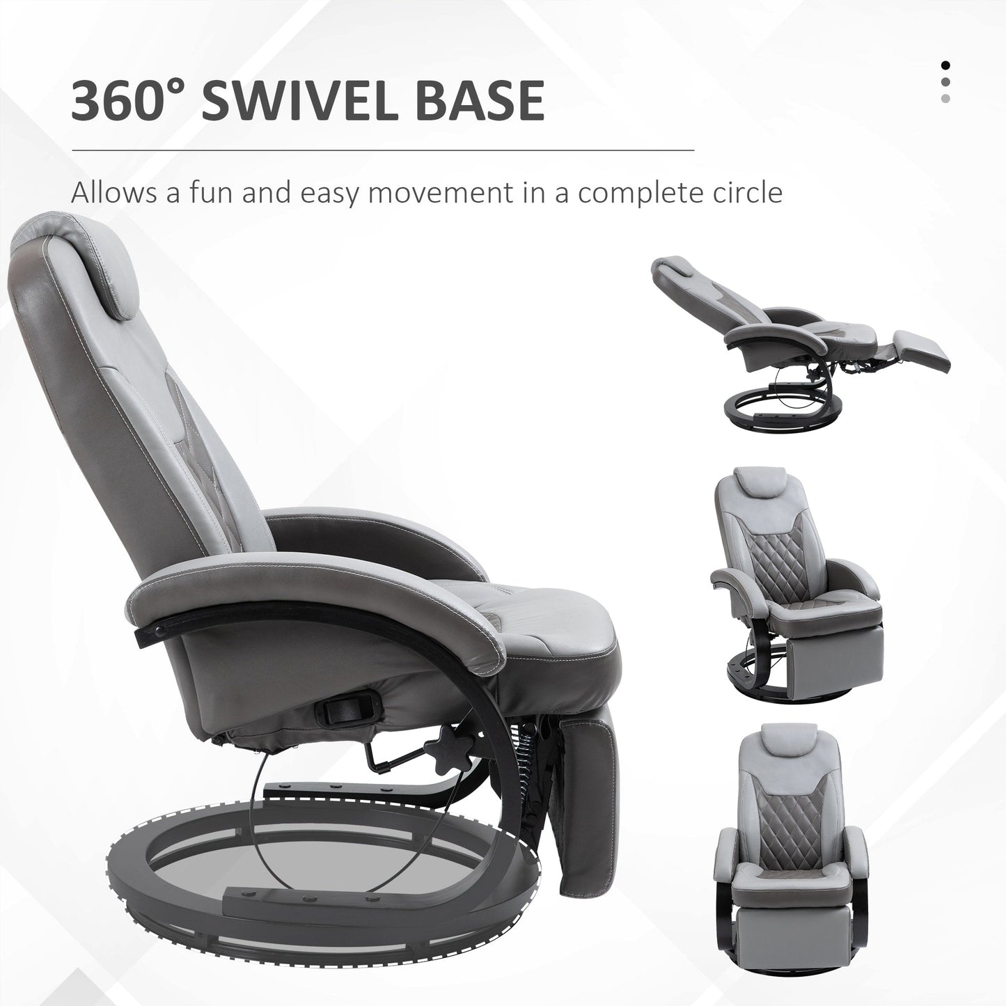 Fauteuil inclinable en similicuir avec coutures en losange, inclinaison à 135°, pivot à 360° et base robuste en acier et bois