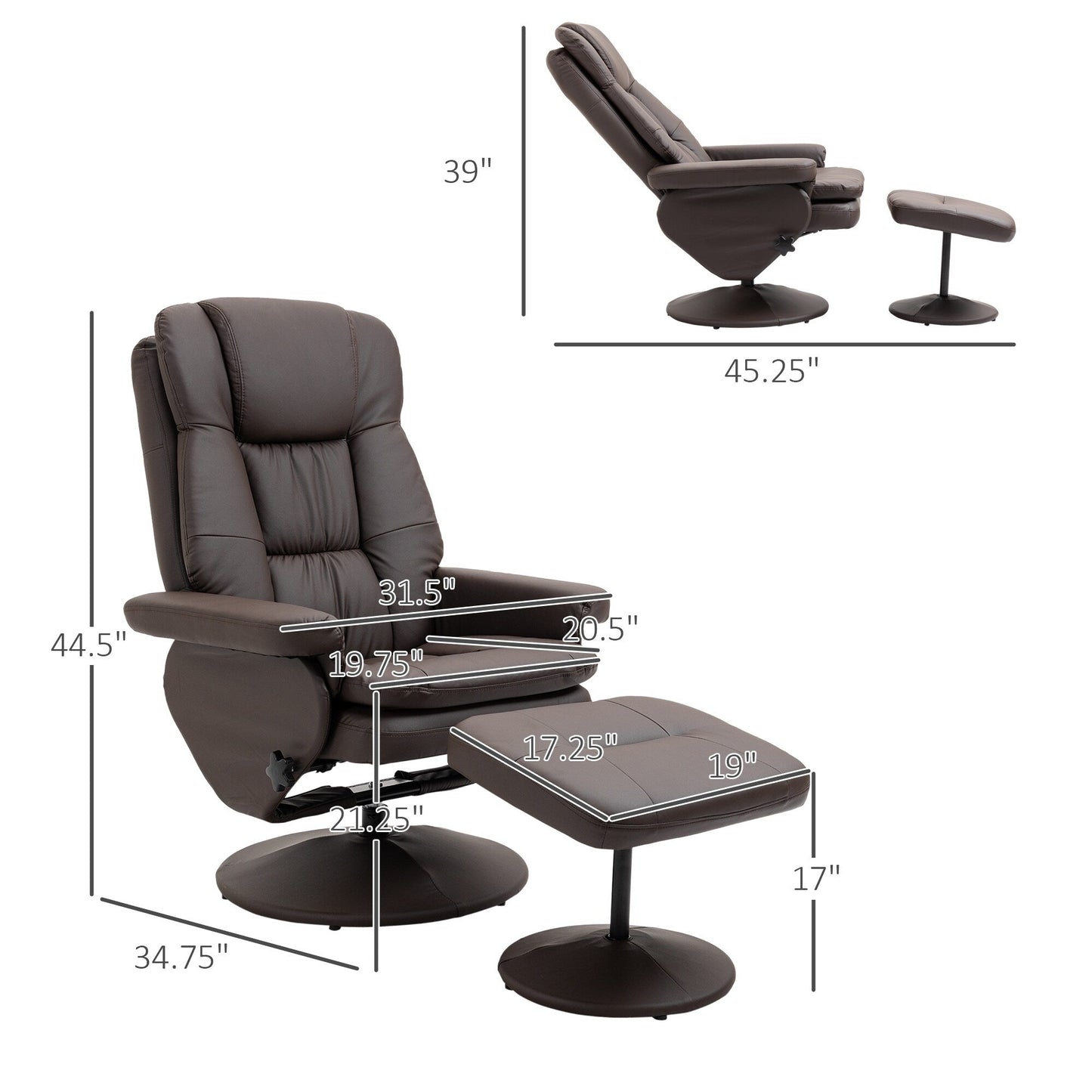 Fauteuil inclinable en cuir synthétique avec dossier réglable, pivotant à 360°, repose-pieds, dossier haut, base enveloppée, idéal pour le salon, la chambre ou le bureau.