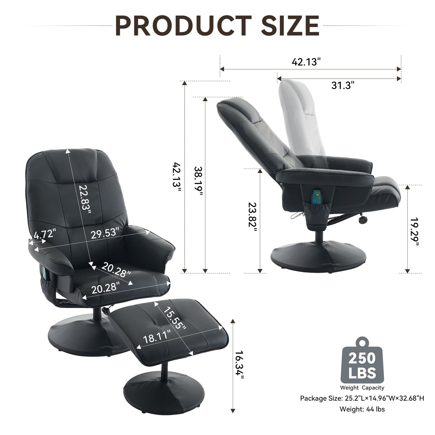 Fauteuil inclinable en cuir synthétique avec repose-pieds, pivotant à 360°, avec vibrations à 5 points, siège chauffant et dossier réglable à 140°