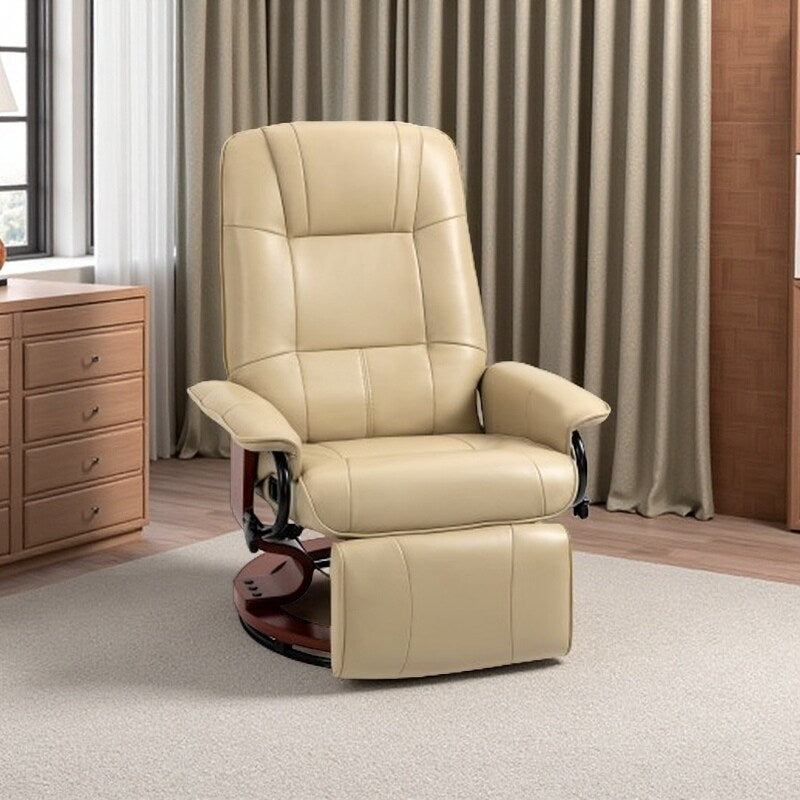 Fauteuil inclinable en cuir synthétique avec base pivotante en bois, inclinaison manuelle, accoudoirs rembourrés et repose-pieds