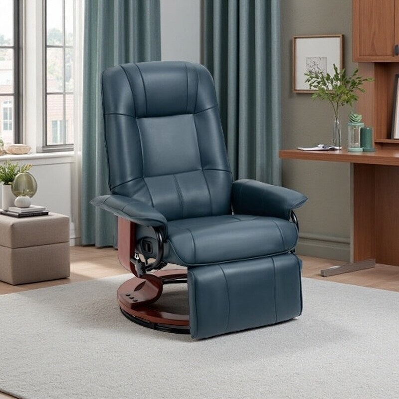 Fauteuil inclinable en cuir synthétique avec base pivotante en bois, inclinaison manuelle, accoudoirs rembourrés et repose-pieds