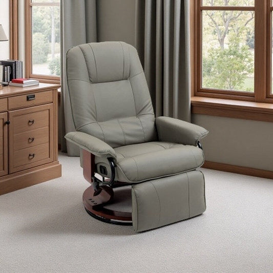 Fauteuil inclinable en cuir synthétique avec base pivotante en bois, inclinaison manuelle, accoudoirs rembourrés et repose-pieds