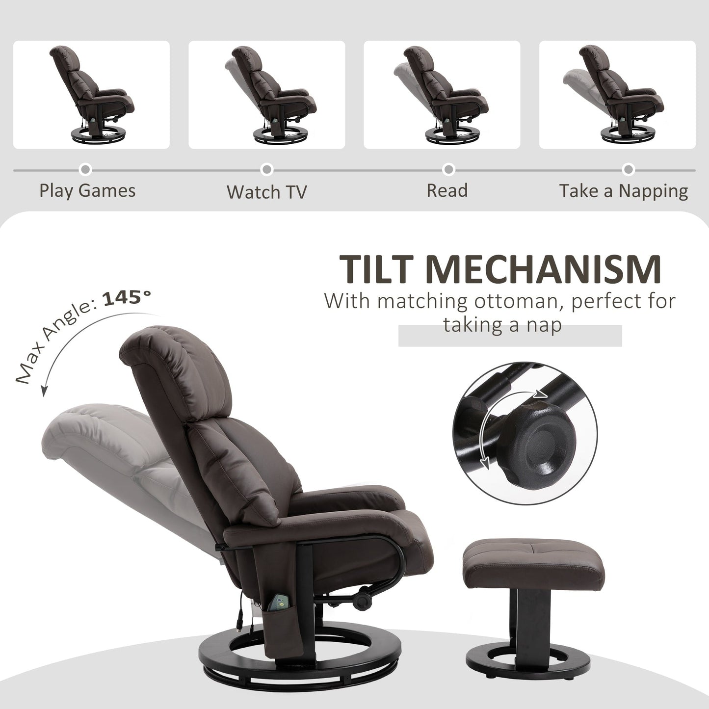 Fauteuil de massage inclinable en cuir synthétique avec repose-pieds, base pivotante à 360° et vibration télécommandée