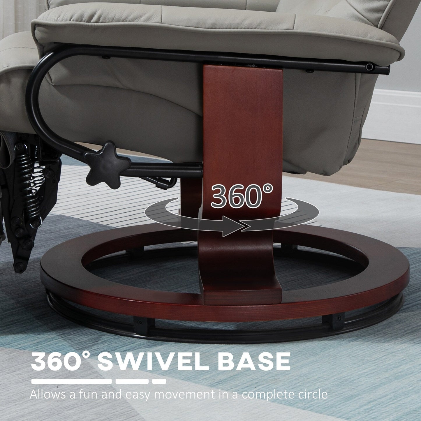 Fauteuil inclinable pivotant en cuir synthétique, fauteuil de salon manuel avec base en bois, dossier réglable et repose-pieds rétractable